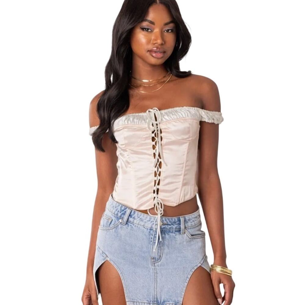EDIKTED Damsel Satin Lace-Up Corset Top Pink White Size Medium Bustier